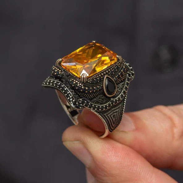 Sarı Sitrin Taşlı 925 Gümüş Erkek Yüzük - 5