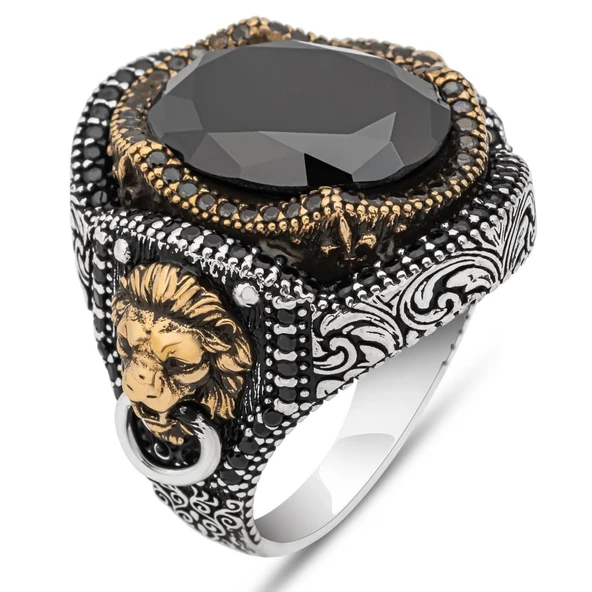 Aslan Kapı Tokmak Modeli Siyah Taşlı 925 Gümüş Yüzük - Resim 2
