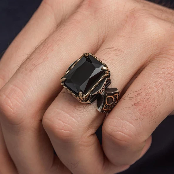 Siyah Taşlı Kare 925 Gümüş Erkek Yüzük - Resim 3