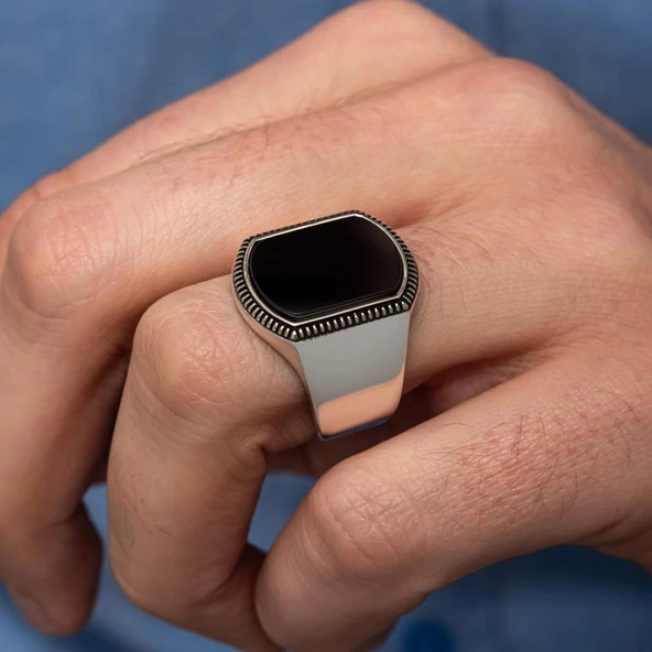 Siyah Oniks Taşlı 925 Gümüş Yüzük - Resim 7