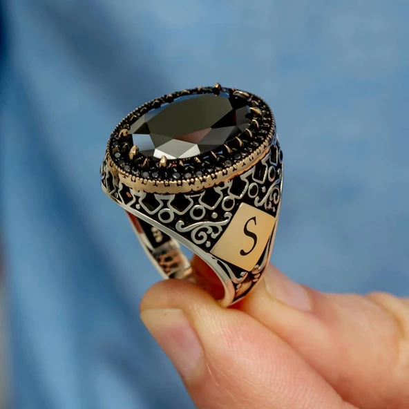 Siyah Taşlı Harfli 925 Gümüş Erkek Yüzük - Resim 8