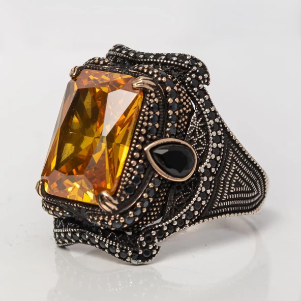 Sarı Sitrin Taşlı 925 Gümüş Erkek Yüzük - 8