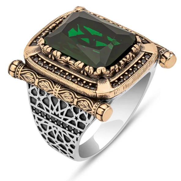 Kare Yeşil Taşlı 925 Gümüş Erkek Yüzük - Resim 2