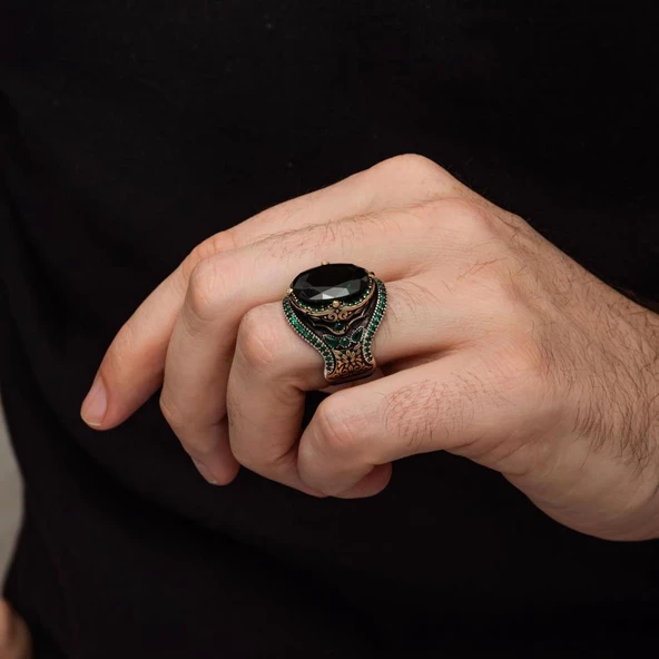 Yeşil Taşlı Oval 925 Gümüş Erkek Yüzük - 5