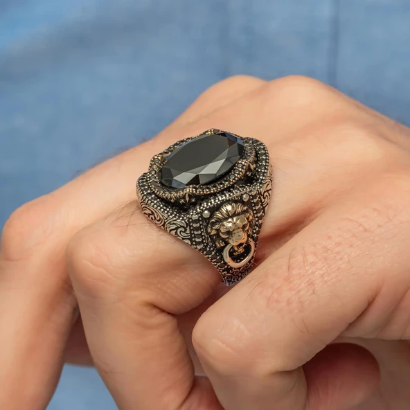 Aslan Kapı Tokmak Modeli Siyah Taşlı 925 Gümüş Yüzük - Resim 3