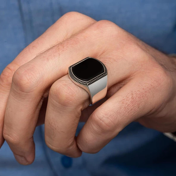 Siyah Oniks Taşlı 925 Gümüş Yüzük - Resim 4