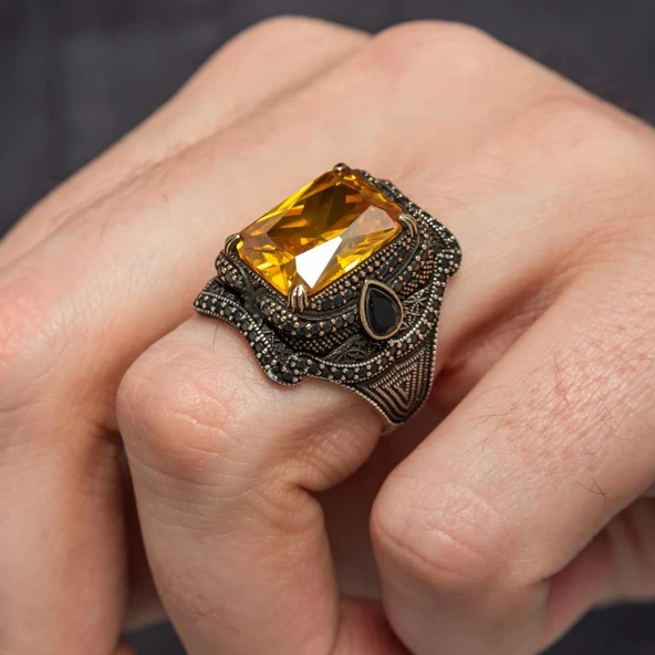 Sarı Sitrin Taşlı 925 Gümüş Erkek Yüzük - 6