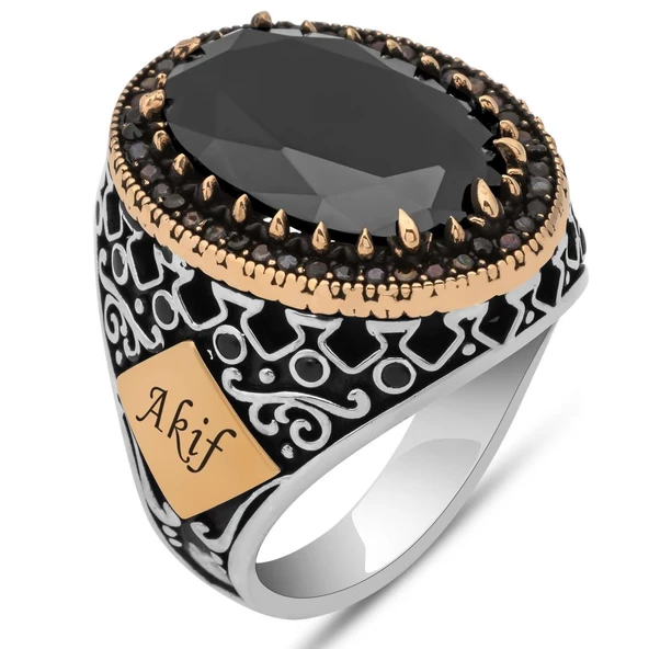 Siyah Taşlı Harfli 925 Gümüş Erkek Yüzük - Resim 2