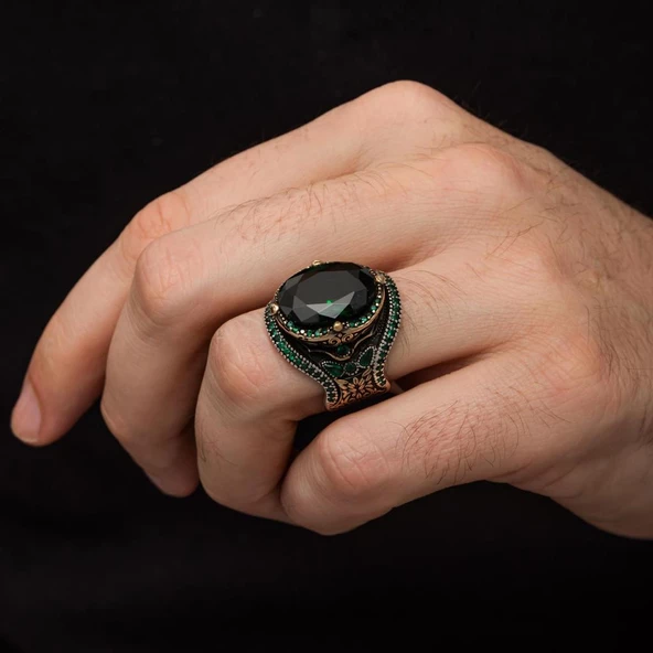 Yeşil Taşlı Oval 925 Gümüş Erkek Yüzük - 6