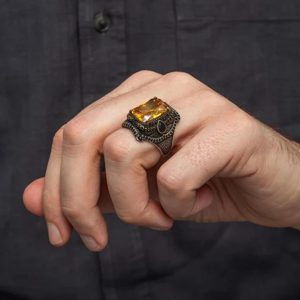 Sarı Sitrin Taşlı 925 Gümüş Erkek Yüzük - 4
