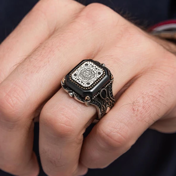 Süleyman Mührü Kare Desenli 925 Gümüş Erkek Yüzük - Resim 8