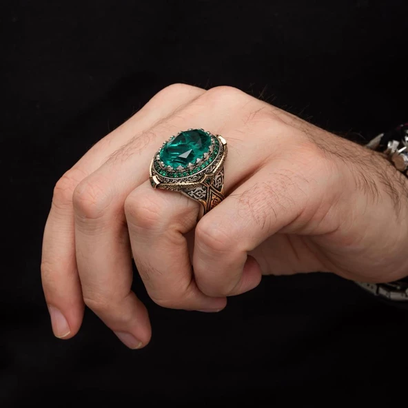 Yeşil Paraiba Taşlı Zorbey 925 Gümüş Erkek Yüzük - Resim 3