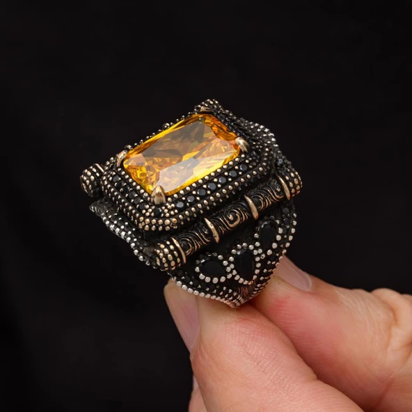 Kare Sarı Sitrin Taşlı 925 Gümüş Yüzük - Resim 7