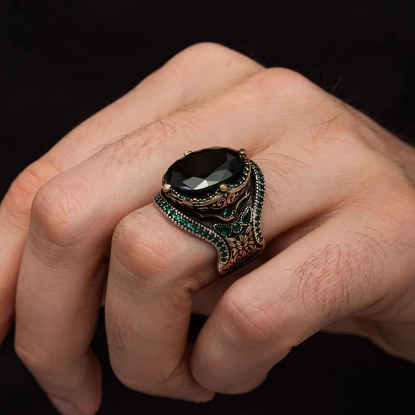 Yeşil Taşlı Oval 925 Gümüş Erkek Yüzük - 8