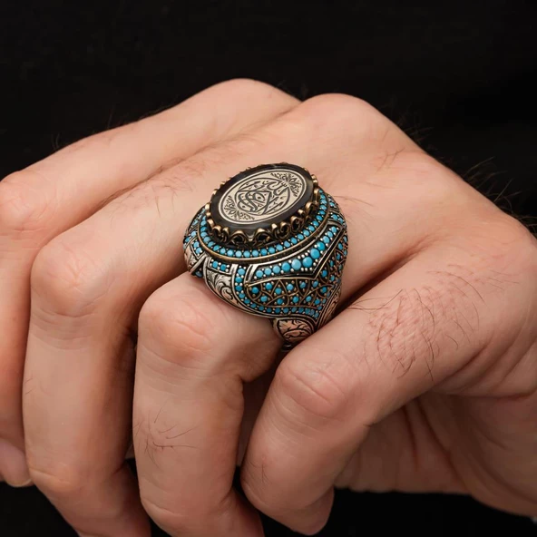 La Galibe İllallah Hat Yazılı Mavi Taşlı Gümüş Erkek Yüzük - Resim 5