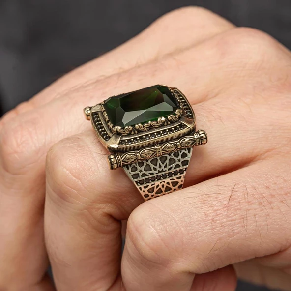 Kare Yeşil Taşlı 925 Gümüş Erkek Yüzük - Resim 3