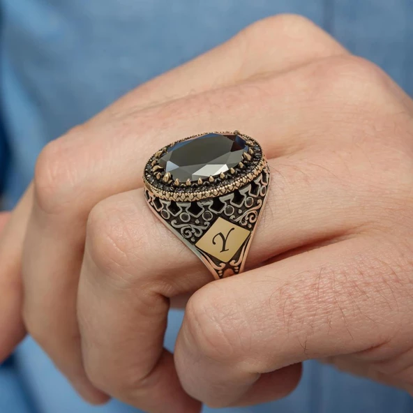 Siyah Taşlı Harfli 925 Gümüş Erkek Yüzük - Resim 7