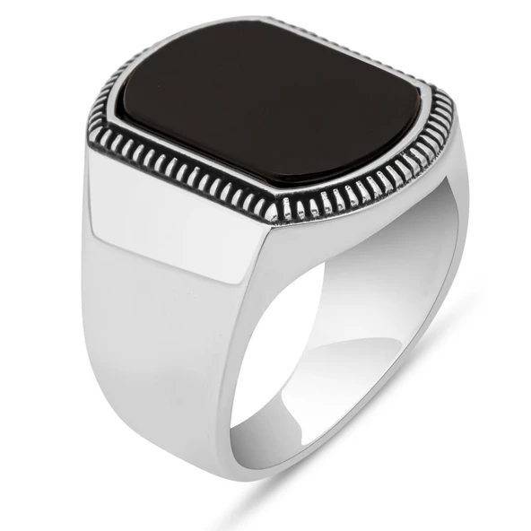 Siyah Oniks Taşlı 925 Gümüş Yüzük - Resim 2