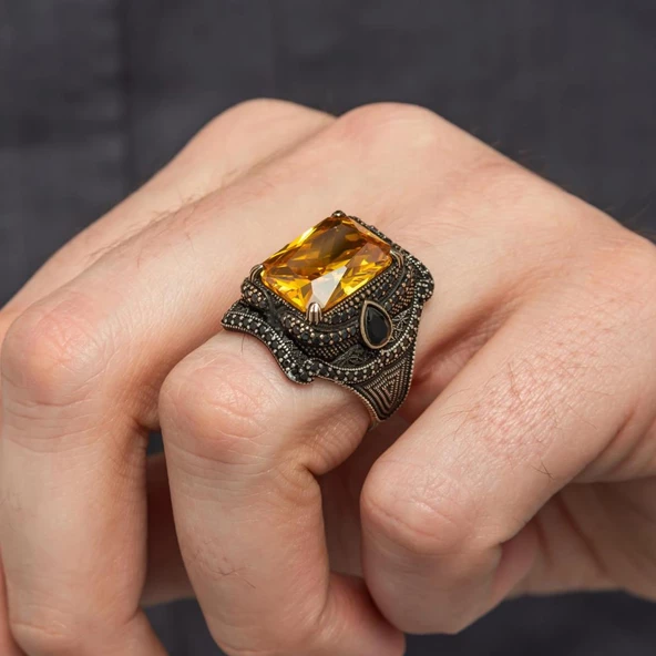 Sarı Sitrin Taşlı 925 Gümüş Erkek Yüzük - 7
