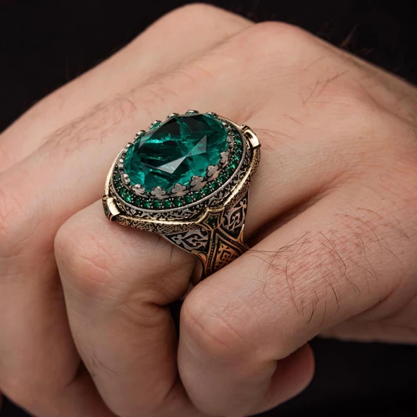 Yeşil Paraiba Taşlı Zorbey 925 Gümüş Erkek Yüzük - Resim 6