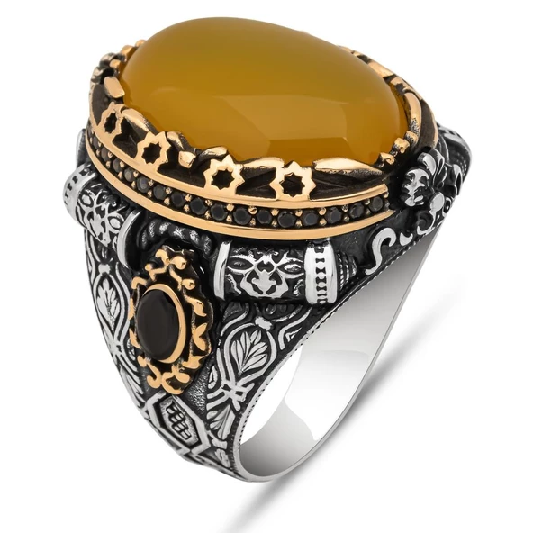 Sarı Akik Taşlı 925 Gümüş Erkek Yüzük - Resim 2