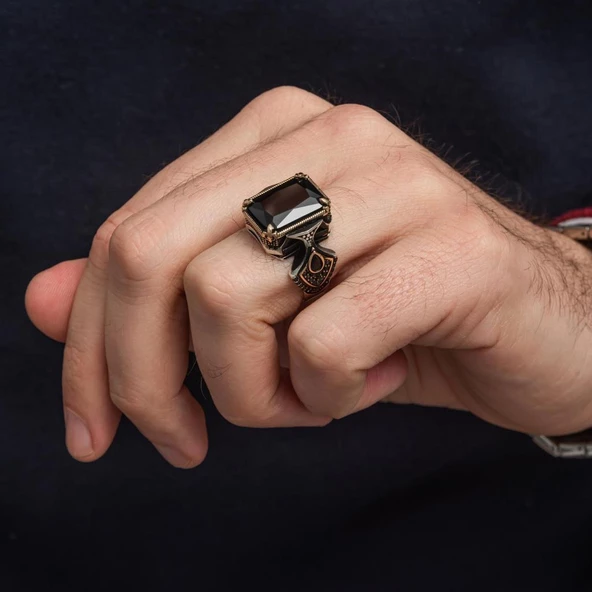 Siyah Taşlı Kare 925 Gümüş Erkek Yüzük - Resim 6