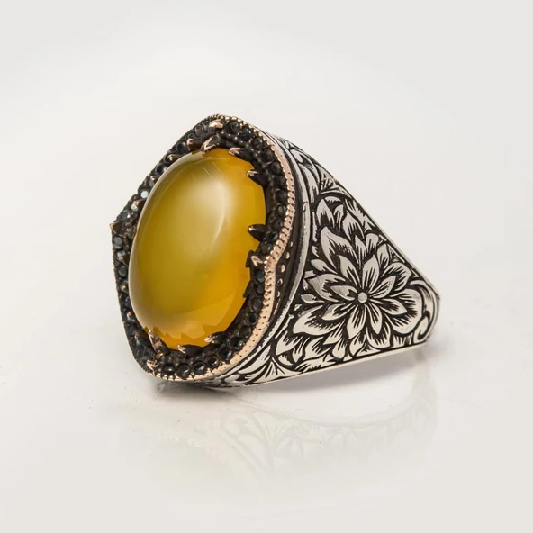 Sarı Akik Taşlı Kakma Oyma Motif 925 Gümüş Erkek Yüzük - Resim 8