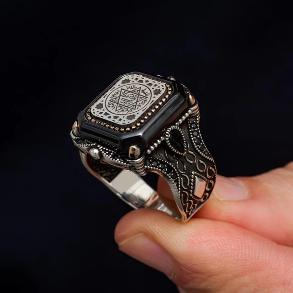 Süleyman Mührü Kare Desenli 925 Gümüş Erkek Yüzük - Resim 7