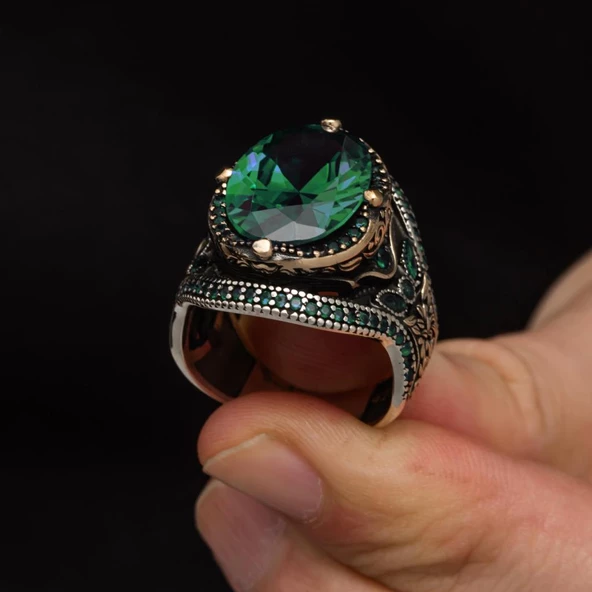 Yeşil Taşlı Oval 925 Gümüş Erkek Yüzük - 4