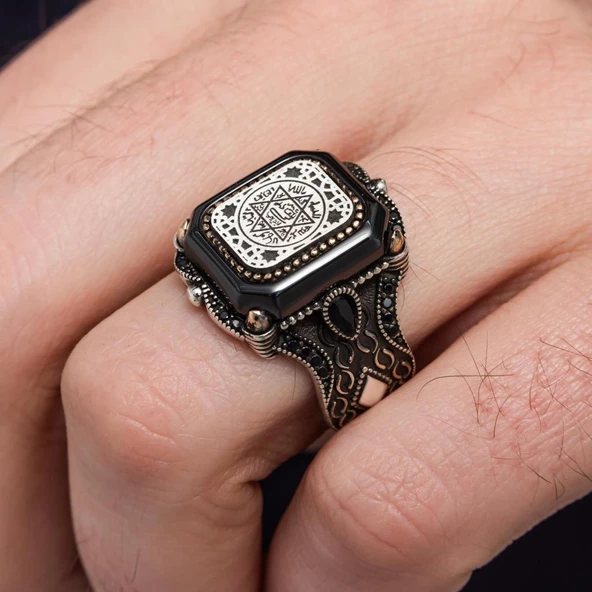 Süleyman Mührü Kare Desenli 925 Gümüş Erkek Yüzük - Resim 9