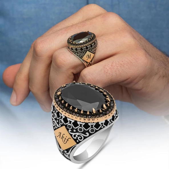 Siyah Taşlı Harfli 925 Gümüş Erkek Yüzük ürün görseli