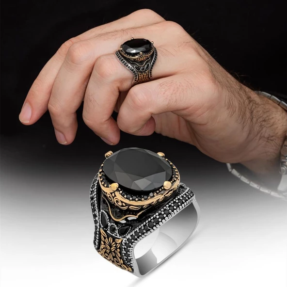 Siyah Taşlı Oval 925 Gümüş Erkek Yüzük ürün görseli