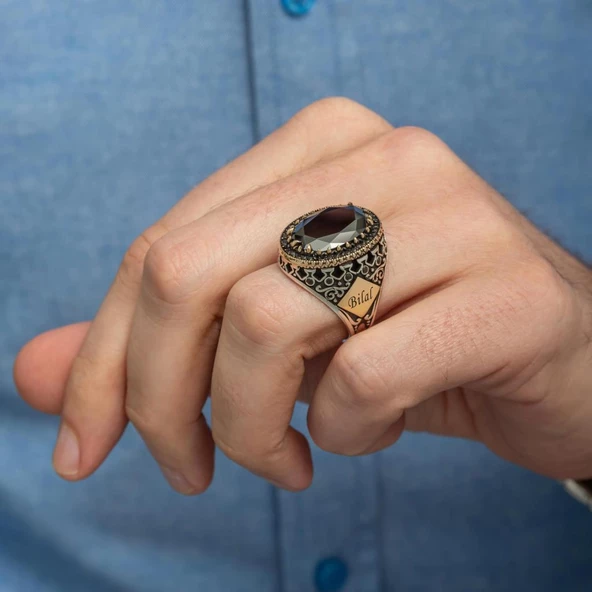 Siyah Taşlı Harfli 925 Gümüş Erkek Yüzük - Resim 3