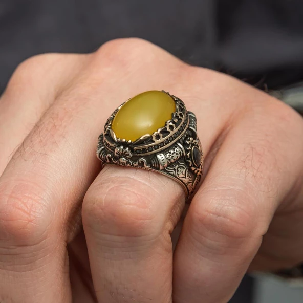 Sarı Akik Taşlı 925 Gümüş Erkek Yüzük - Resim 6