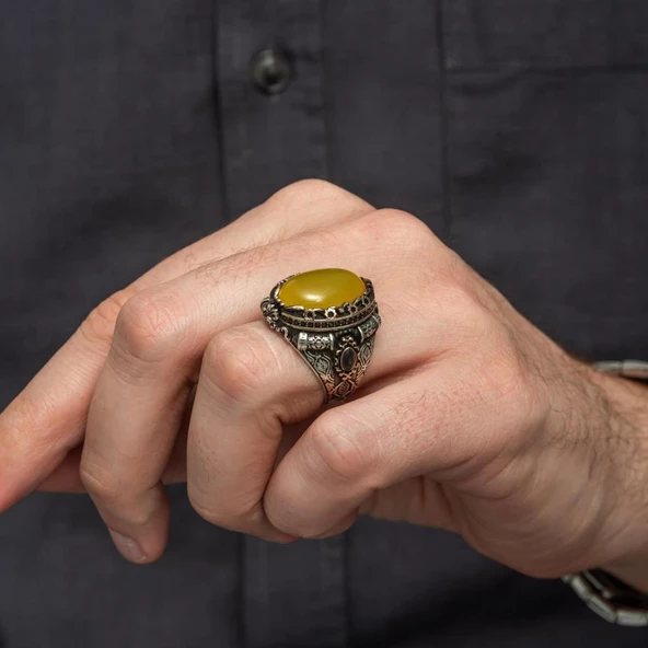 Sarı Akik Taşlı 925 Gümüş Erkek Yüzük - Resim 4