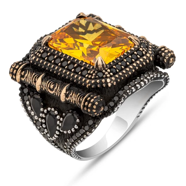 Kare Sarı Sitrin Taşlı 925 Gümüş Yüzük - Resim 2