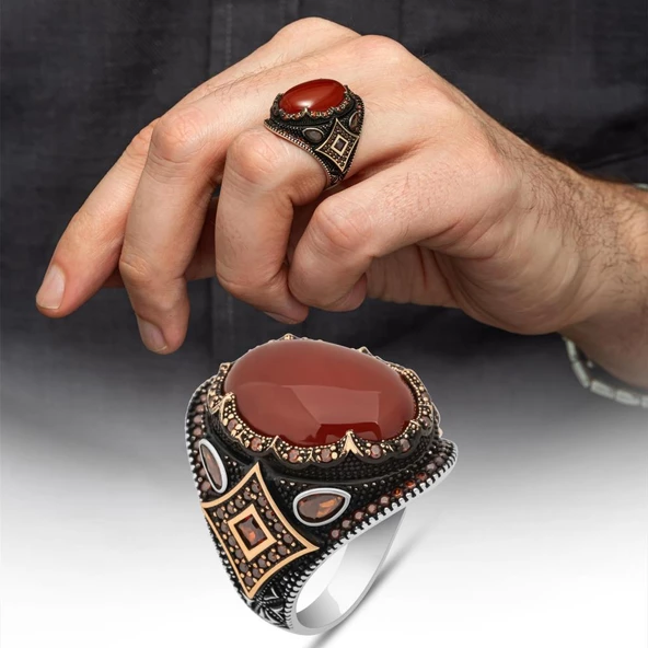 Akik Taşlı Oval 925 Gümüş Erkek Yüzük