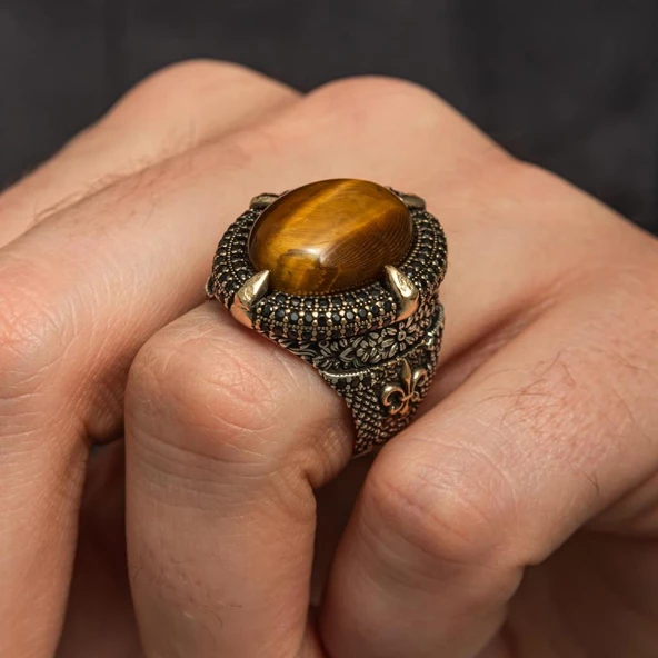 Kaplan Gözü Taşlı Oval 925 Gümüş Yüzük - Resim 6