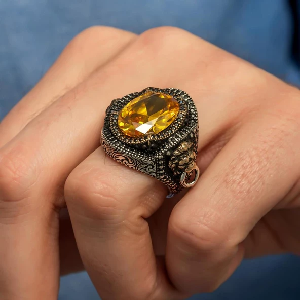 Aslan Kapı Tokmak Modeli Sarı Taşlı 925 Gümüş Yüzük - Resim 3