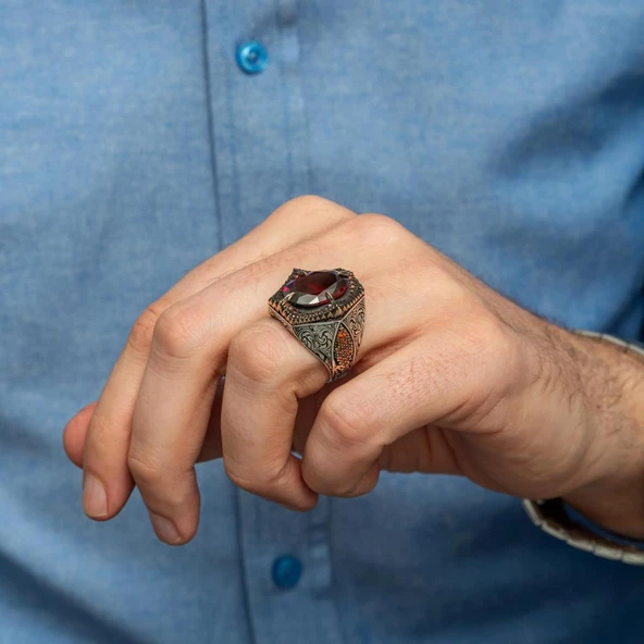 Kırmızı Taşlı Oval 925 Gümüş Erkek Yüzük - Resim 4