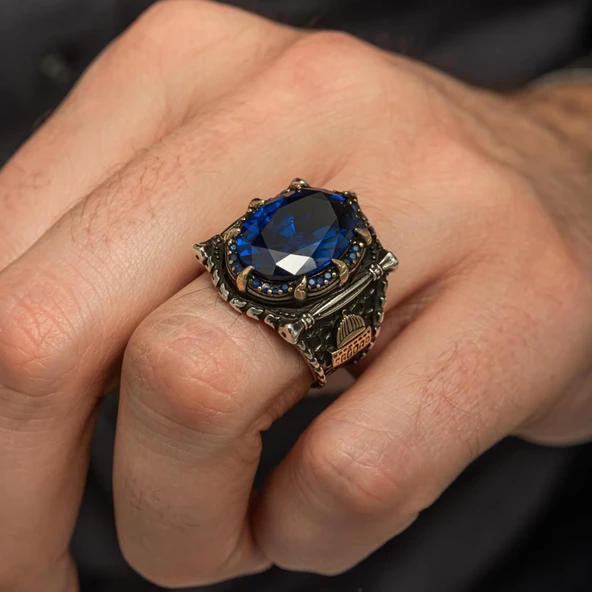 Parlament Mavi Taşlı Kubbetüs Sahre Motifli 925 Gümüş Erkek Yüzük - Resim 6