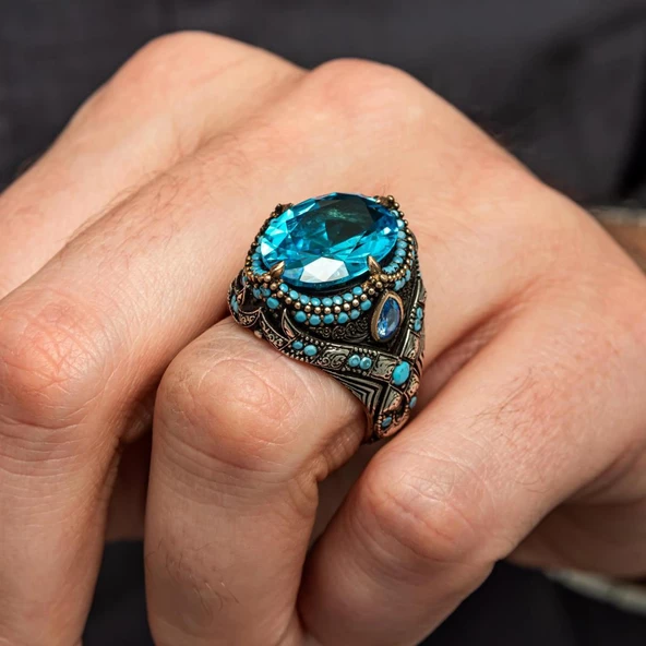 Aqua Mavi Taşlı Oval 925 Gümüş Yüzük - 3