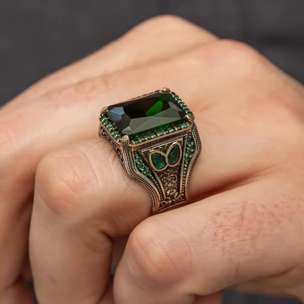 Yeşil Taşlı 925 Gümüş Erkek Yüzük - Resim 3