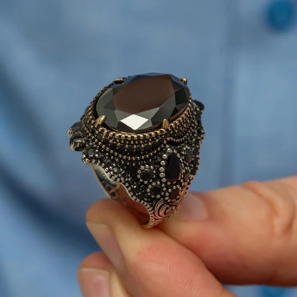 Siyah Taşlı Faset Kesim 925 Gümüş Erkek Yüzük - 4