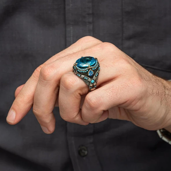 Aqua Mavi Taşlı Oval 925 Gümüş Yüzük - 4