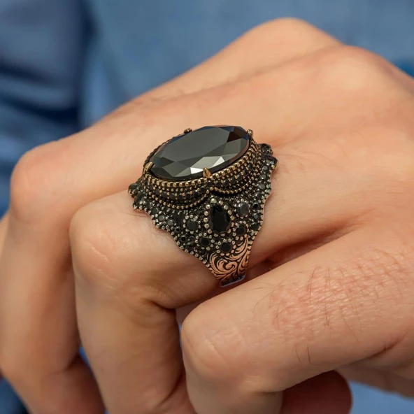 Siyah Taşlı Faset Kesim 925 Gümüş Erkek Yüzük - 6