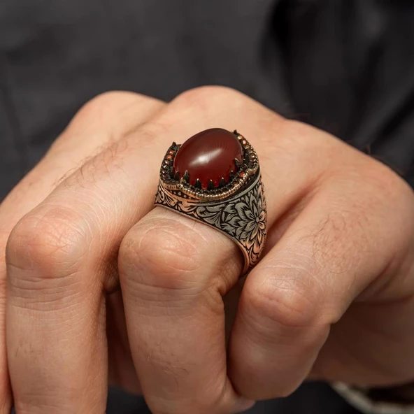 Akik Taşlı Kakma Oyma Motif 925 Gümüş Erkek Yüzük - Resim 7