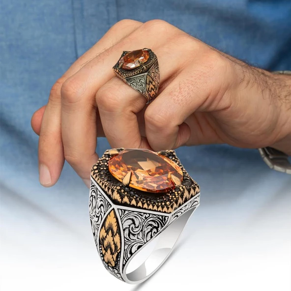 Sarı Taşlı Oval 925 Gümüş Erkek Yüzük