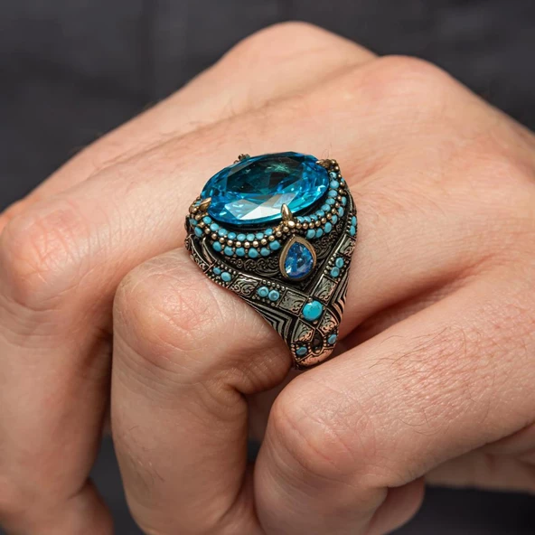 Aqua Mavi Taşlı Oval 925 Gümüş Yüzük - 6