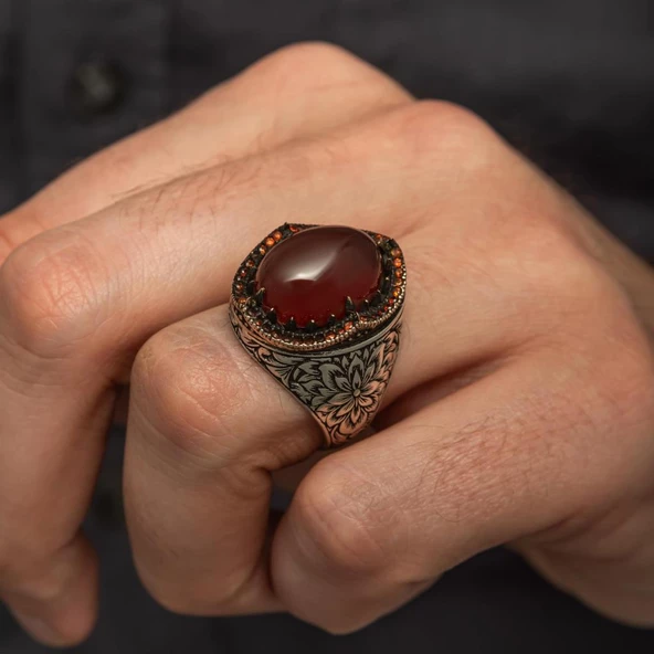 Akik Taşlı Kakma Oyma Motif 925 Gümüş Erkek Yüzük - Resim 3